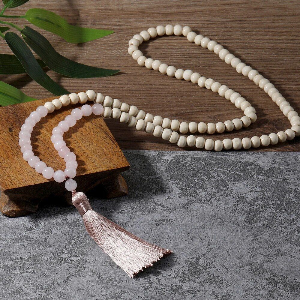 8mm Natural Pink Crystal Necklace Women Wood Beads Prayer Beaded Necklace Yoga Meditation Sweater Chain Gift to Friends