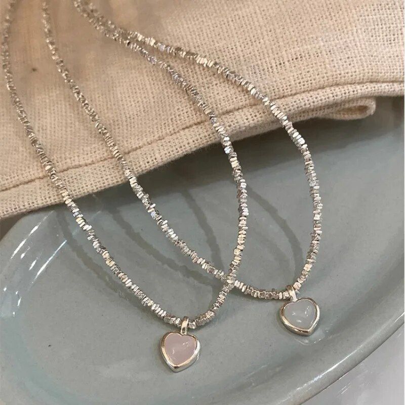 925 Silver Milky White Crystal Necklace for Women Gift Love Heart Geometry Sweet Versatile Korean Jewelry Dropshipping