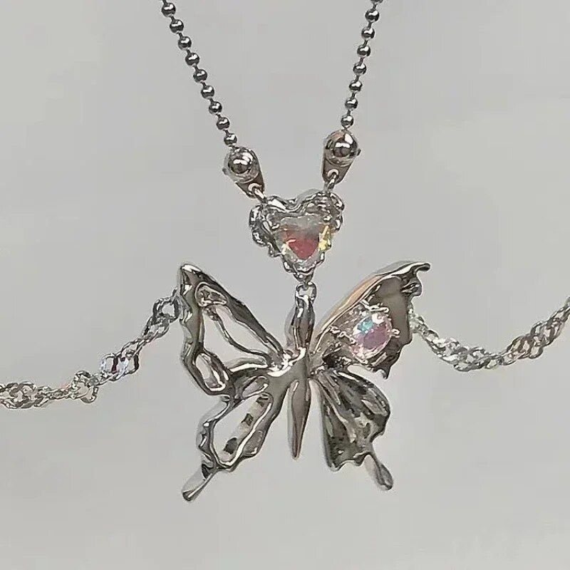 Crystal Butterfly Pendant Necklace Women Light Luxury  Punk Heart  Clavicle Chain Fashion Jewelry Party Gift 2023