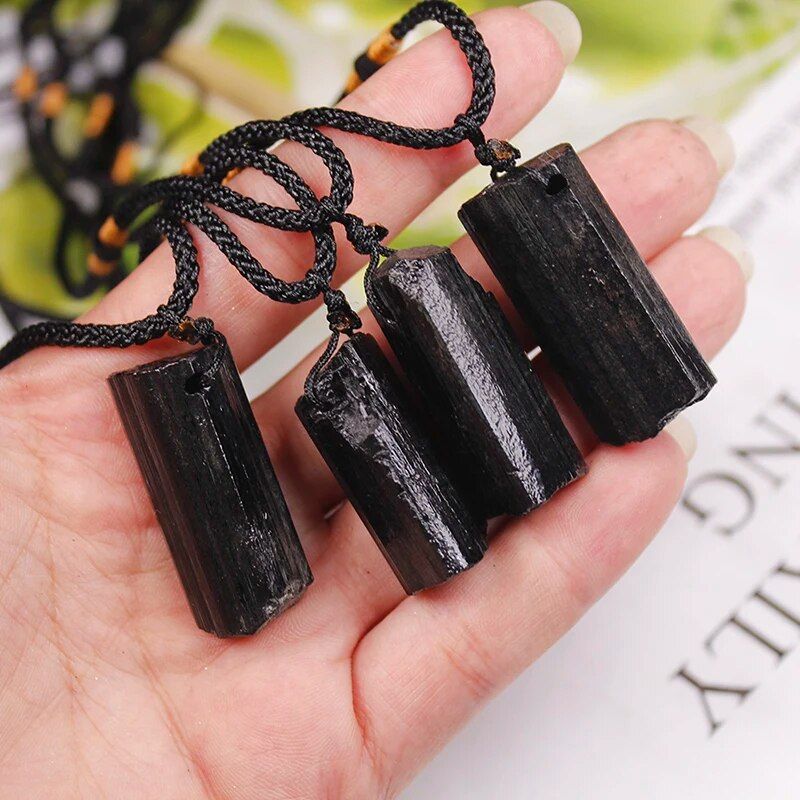 Black Tourmaline Column Pendant Rough Stone Natural Stone Necklace Ornament Crystal Thick Black Healing Energy Jewelry Gift