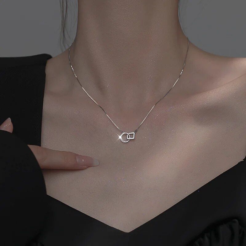 Trendy Square Round Necklace for Women Cute Clavicle Chain CZ Zircon Geometry Pendant Choker Girl Party Gift Jewelry Collares