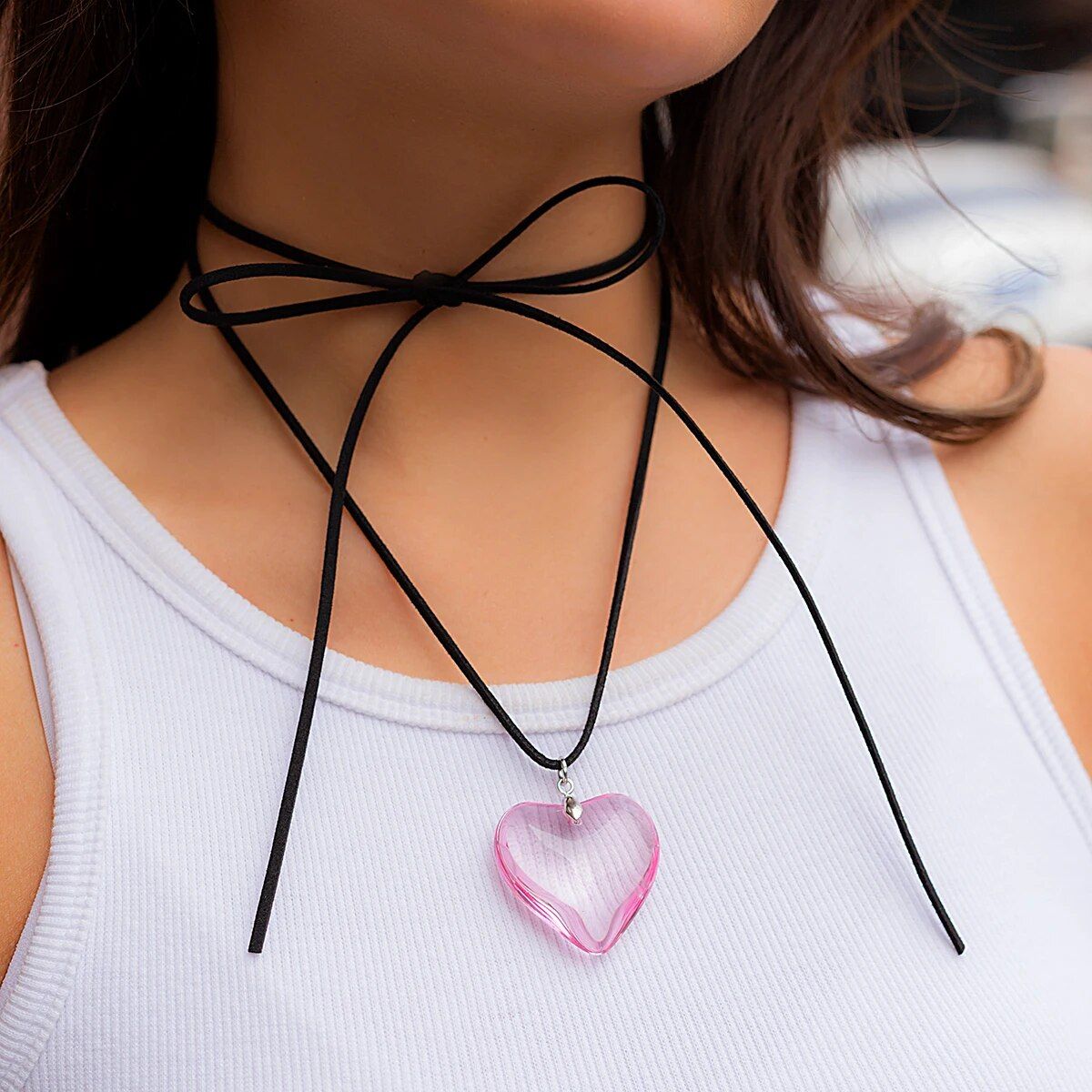 Colorful Love Heart Pendant Choker Necklace for Women Gothic Knotted Bowknot Adjustable Chain Y2K Accessories