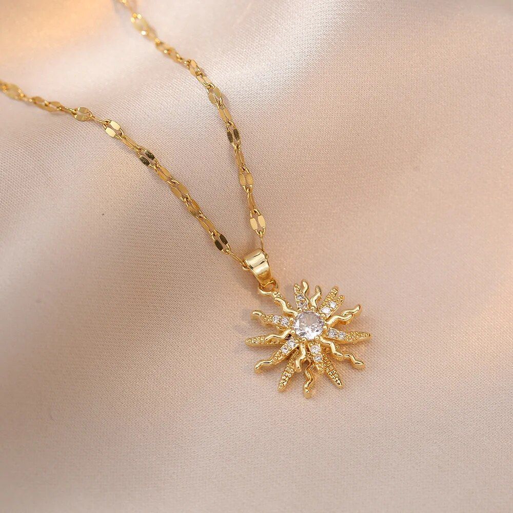 Rotating Flower Pendant Stainless Steel Chains Necklaces For Women Antique Gold Color White Zircon Sun Clavicle Necklace Jewelry