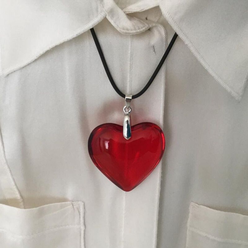 Heart Glass Pendant Necklace For Women Men Punk Fashion Jewelry Accessories Friends Gift Big Red Heart Rope Chain Lover Choker