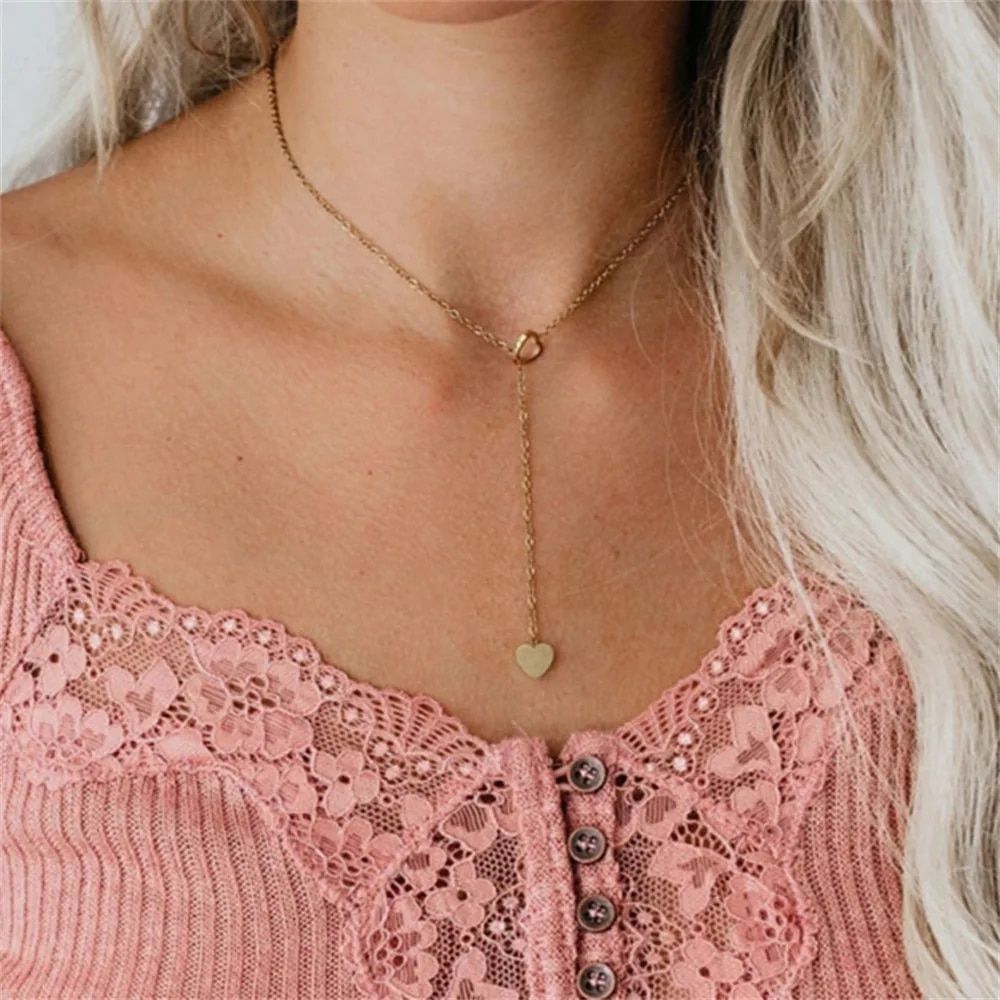 Vintage Hollow Heart Necklace for Women Girls Fashion Simple Y Shape Gold Color Metal Long Pendant Toggle Necklace Jewelry Gift