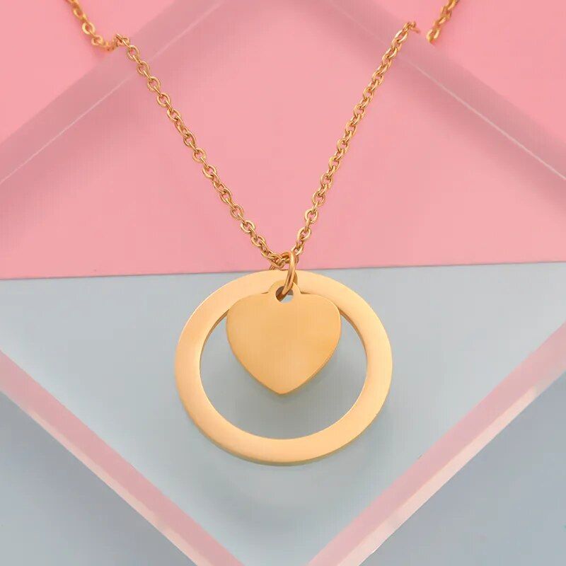 10 pcs Stainless Steel Heart Round Necklace Mirror Polish Charm Women's Necklace Jewelry Clavicle Chain