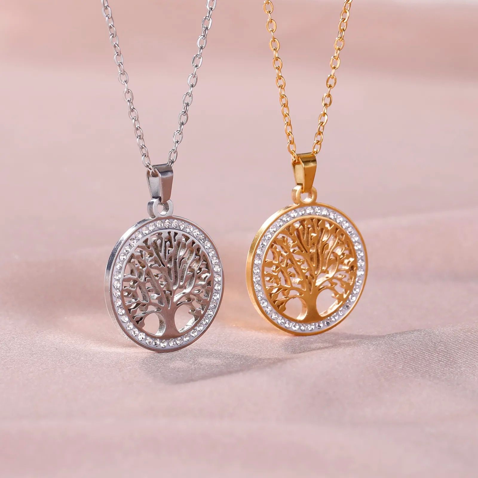 Tree of Life Necklace for Women Stainless Steel Gold Color Clear Zircon Round Pendant Neck Chains Luxury Wedding Gift