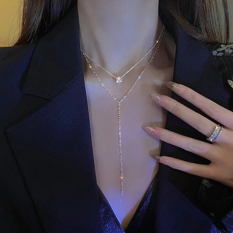 New Luxury Shiny Rhinestone Necklace for Women Fashion Sliver Color Long Tassel Clavicle Chain Necklace Wedding Jewelry Party