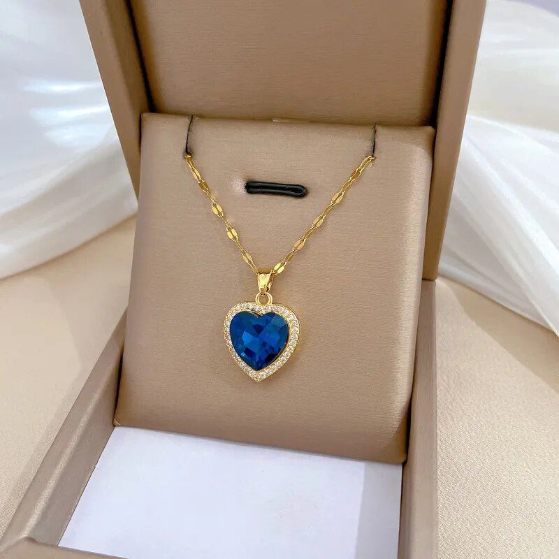 316L Stainless Steel Heart Big Blue Zircon Pendant Necklace For Women Girl Fashion Clavicle Chain Jewelry Birthday Gift