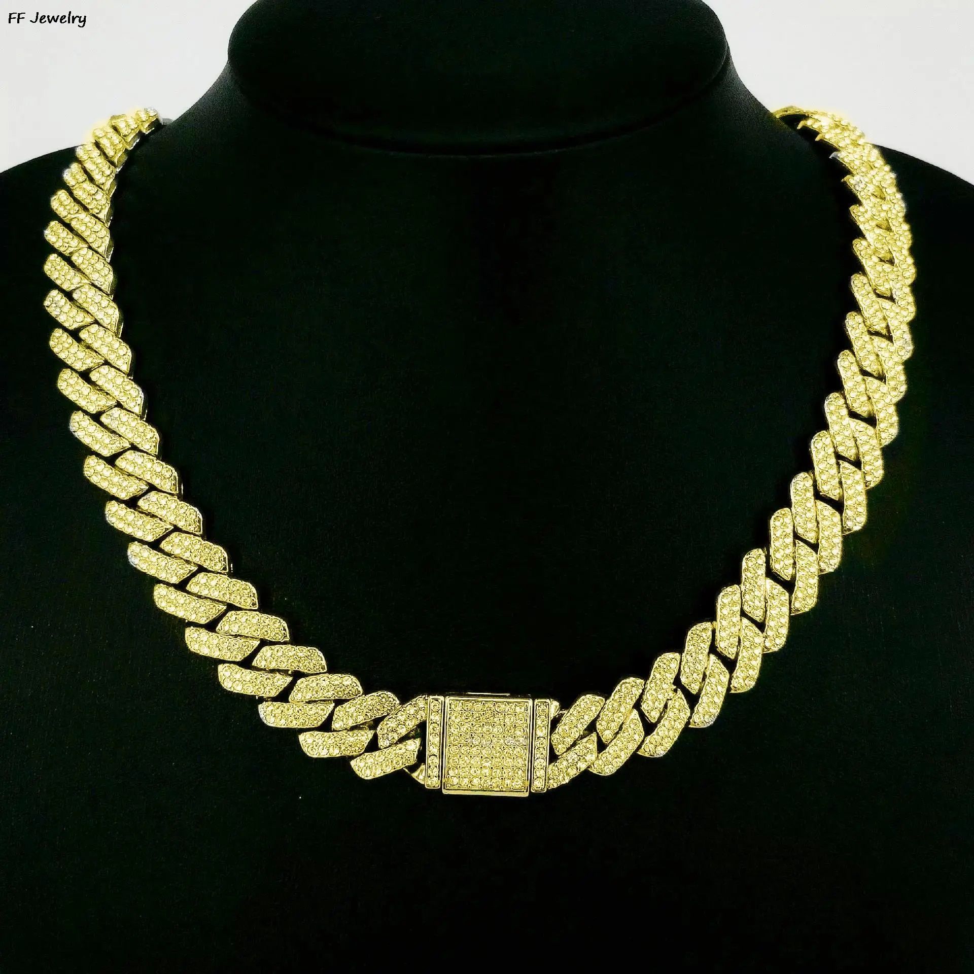 14mm Cuban Link Chain For Men Silvery/Golden Iced Out Rhinestone Miami Necklace Choker for Women with Box Clasp Hip Hop