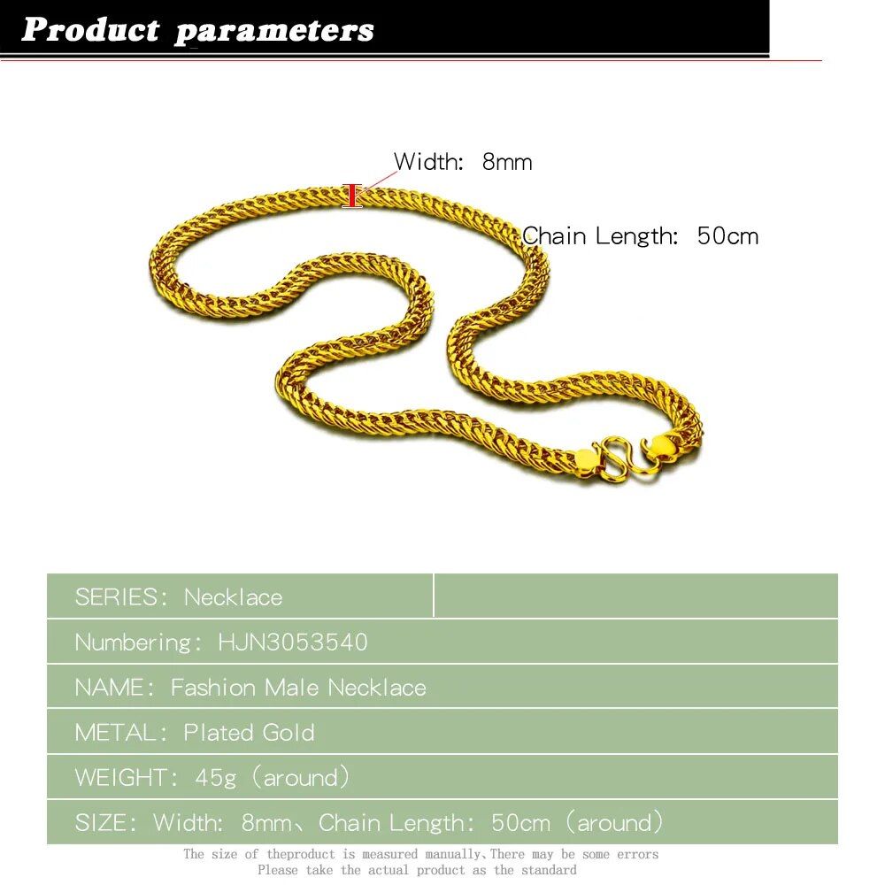 24 k Gold Plated 925 Silver 8 mm Sideways Necklace 50 cm~60 cm Neck Chain For Woman Men Fashion Wedding Engagement Jewelry