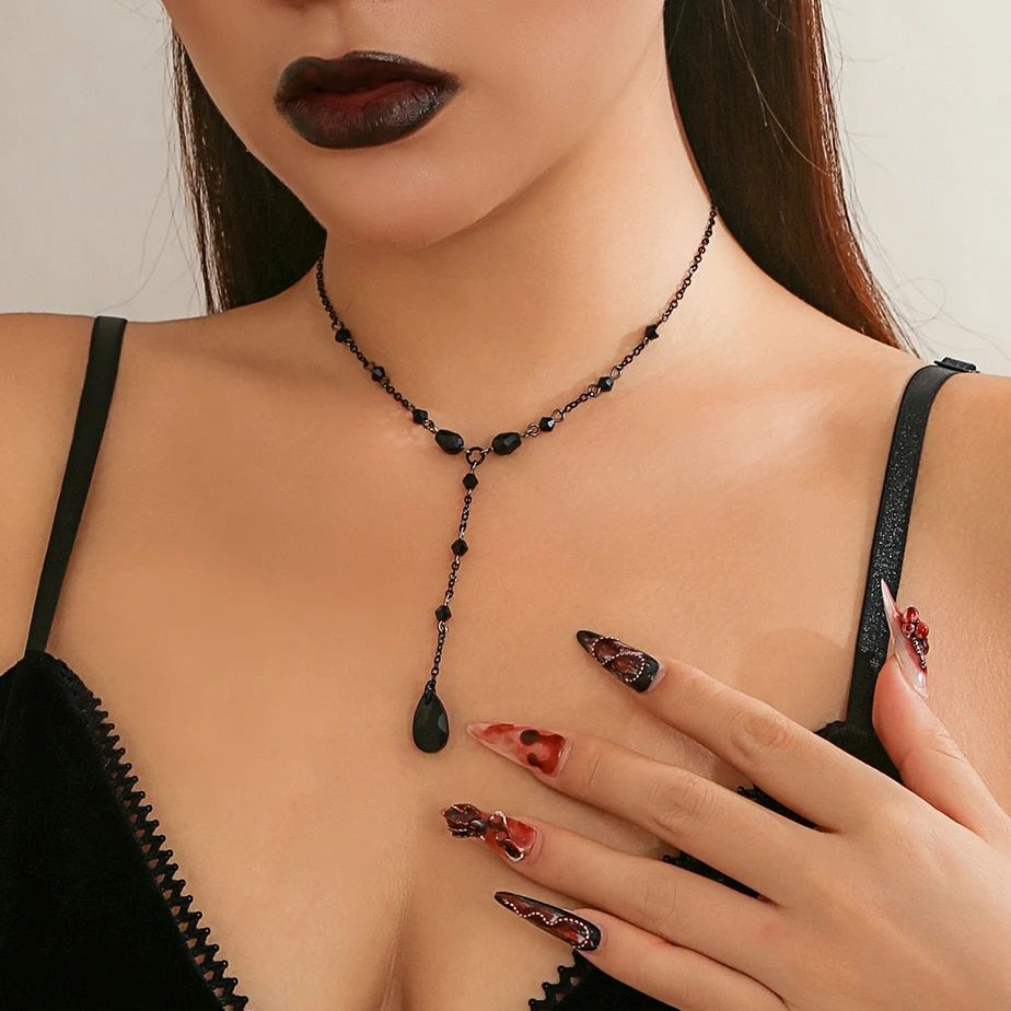 Goth Black Water Drop Crystal Chest Chain Necklace for Women Collares Vintage Sexy Link Choker Y2K Halloween Jewelry Accessories