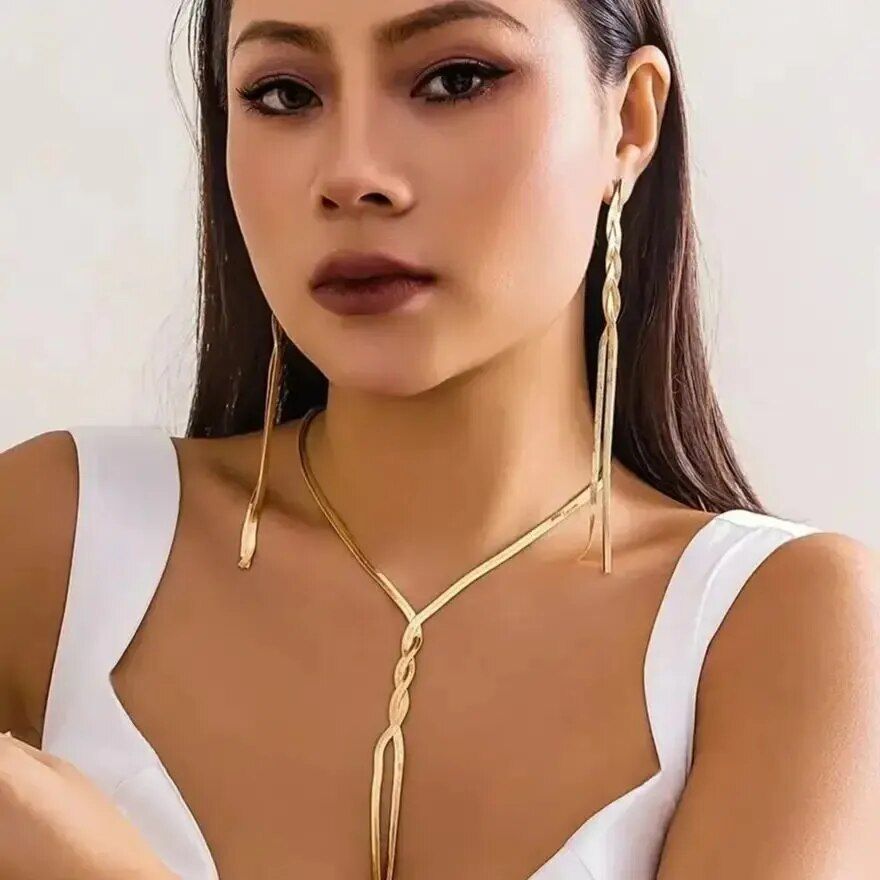 3Pcs/Set Fashion Necklace Bracelet Earring Set Gold Color Long V-shaped Tassel Snake Chain Accessory for Women Accessories Gift