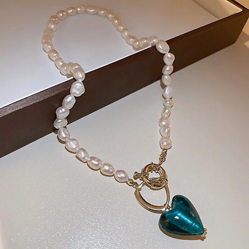 Romantic Blue Love Heart Natural Freshwater Baroque Pearl 14K Gold Filled Ladies Pendant Necklace Jewelry For Women Gifts Chain