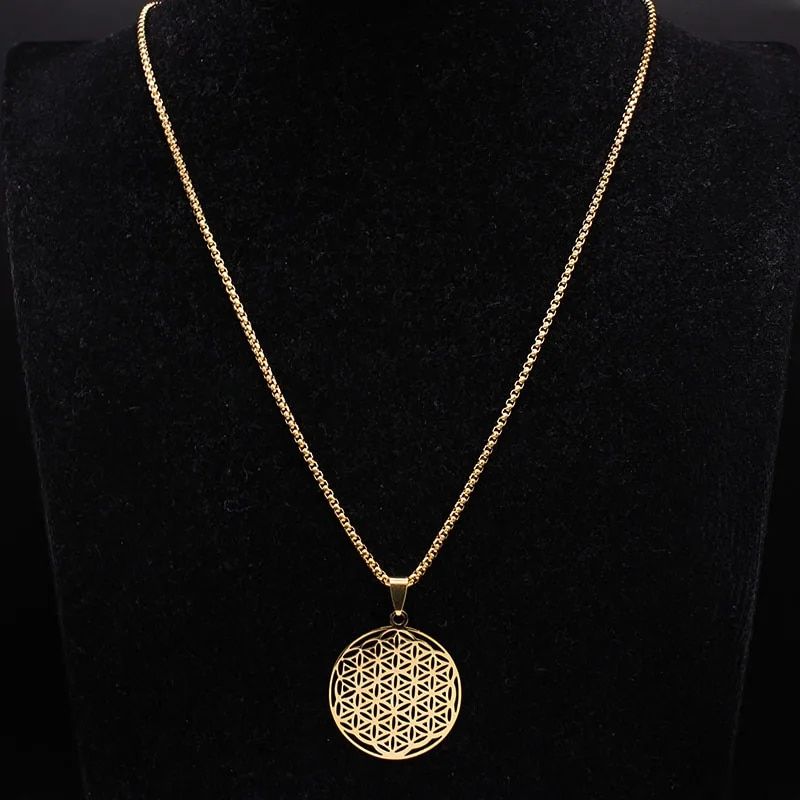 Fashion Flower of Life Stainless Steel Long Necklace for Women Gold Color Necklaces Jewelry sautoir femme long acier inoxydable