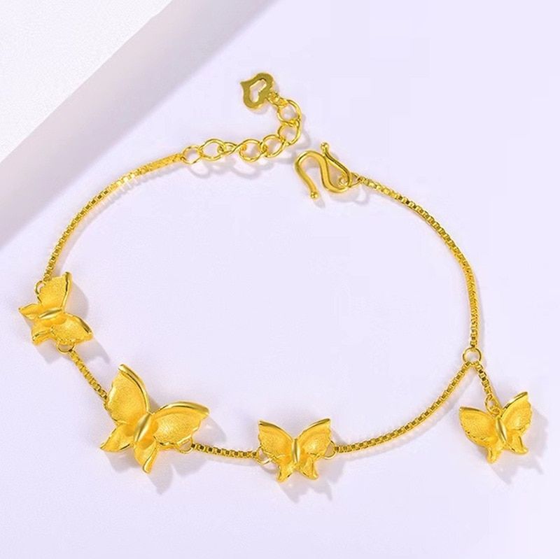 Fashion Real 24k Pure Gold Color Butterfly Pendant Necklace Bracelet for Women Bride 45CM Chains Bracelets Fine Jewelry Set Gift