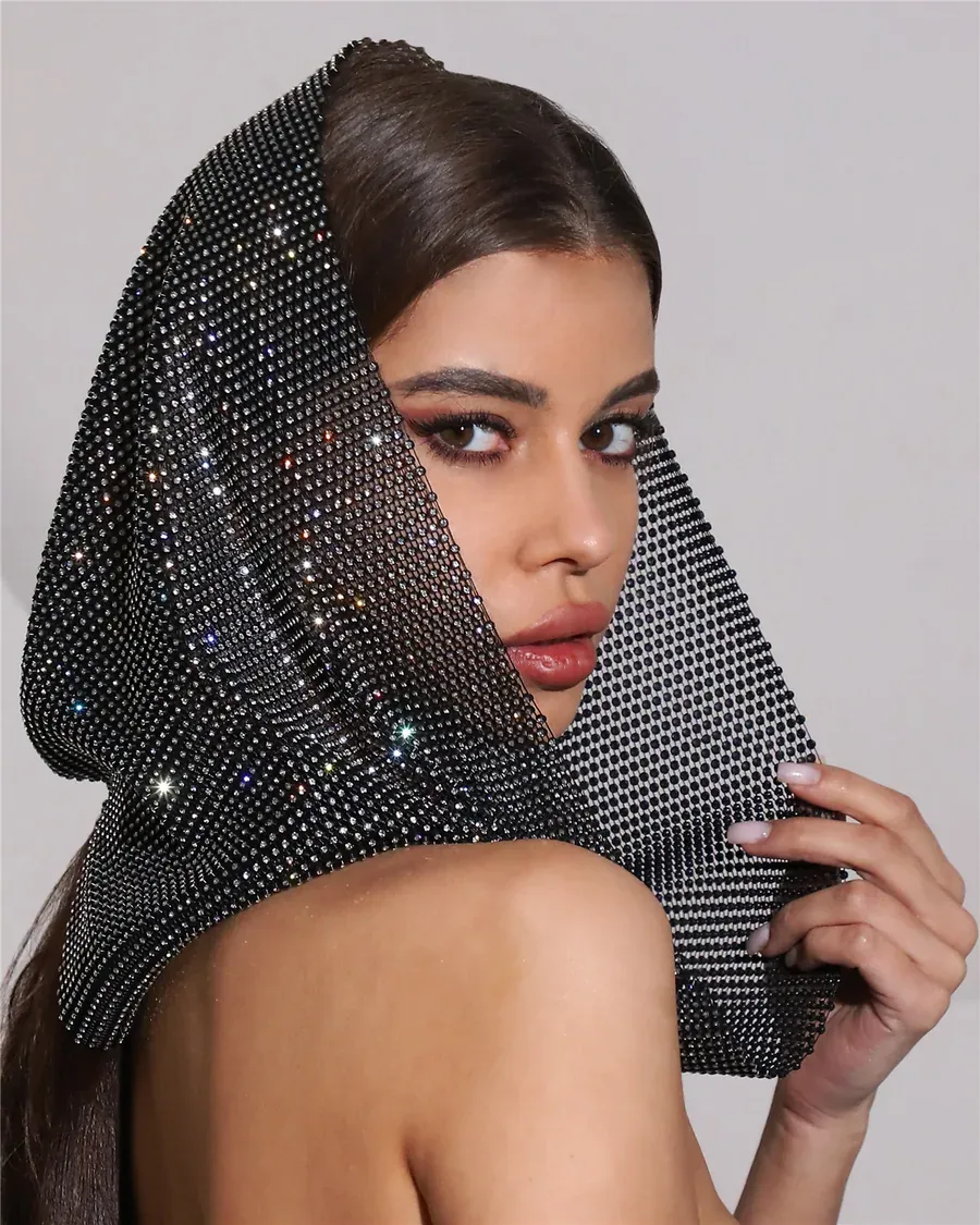 Black Rhinestone Mesh Hood Scarf for Parties and Photos