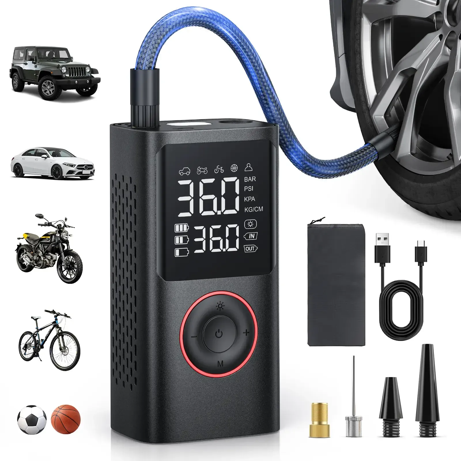Cordless Tire Inflator Portable Air Compressor with Digital Display for Cars & Bikes 🚗