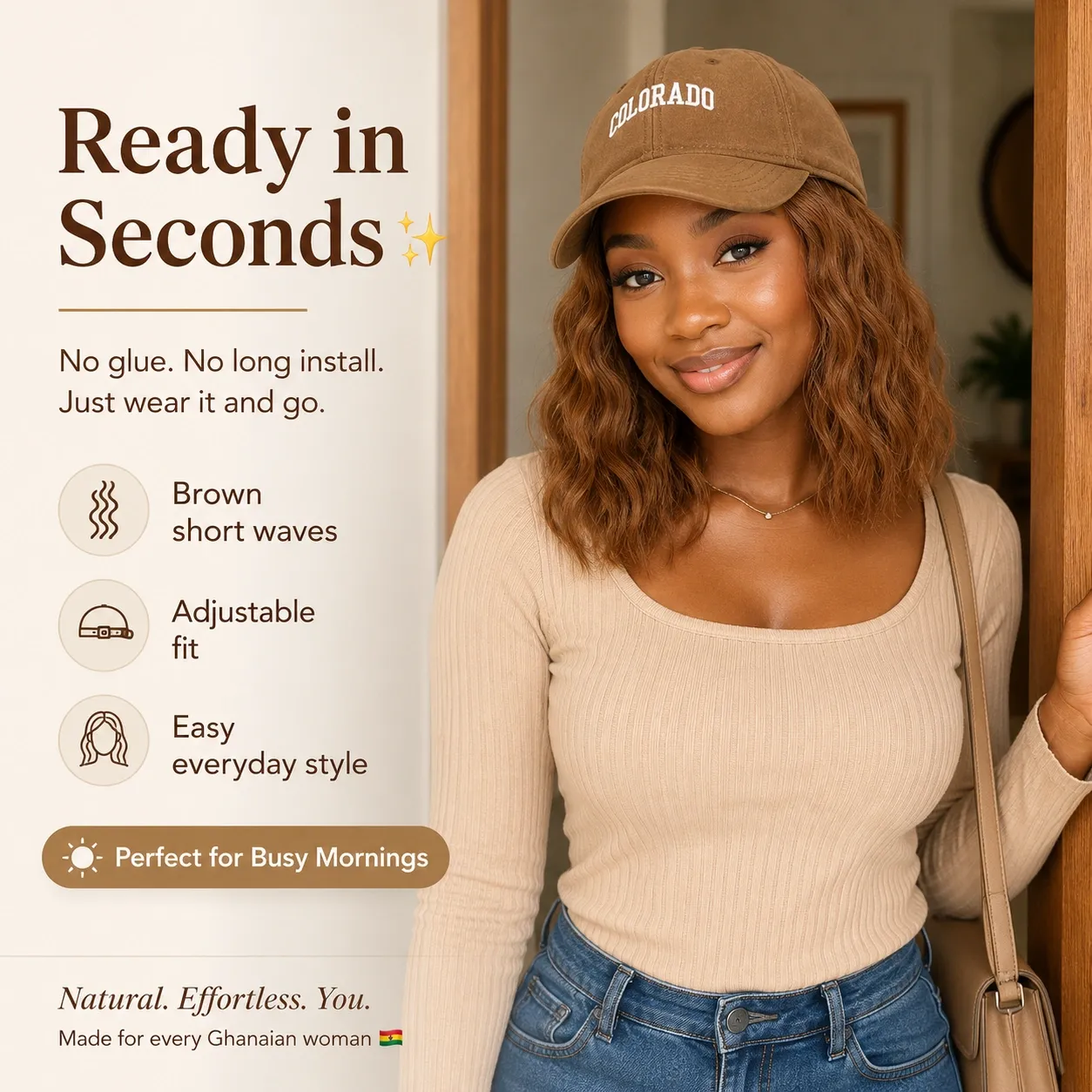 Last Day OFF🔥🚀2-in-1 Baseball Cap Wig for Women - 8 Inch Short Wavy Brown Bob Synthetic Hair Extension - Adjustable & Natural Looking Hat Wig Ghana | In stock