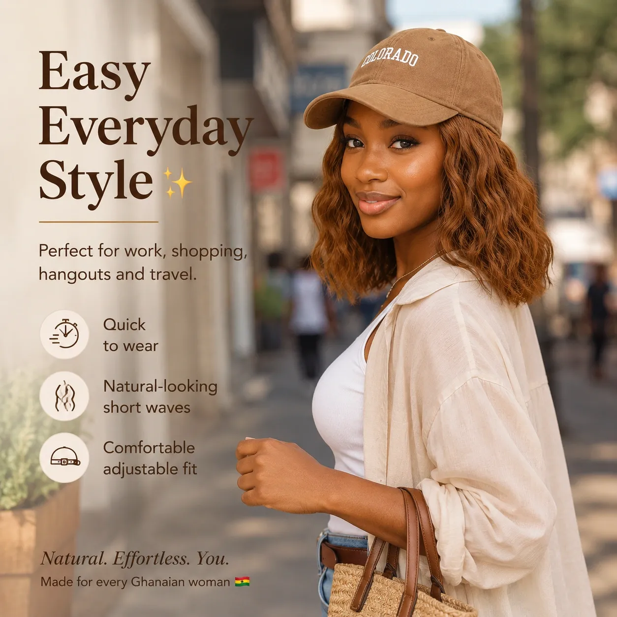 Last Day OFF🔥🚀2-in-1 Baseball Cap Wig for Women - 8 Inch Short Wavy Brown Bob Synthetic Hair Extension - Adjustable & Natural Looking Hat Wig Ghana | In stock