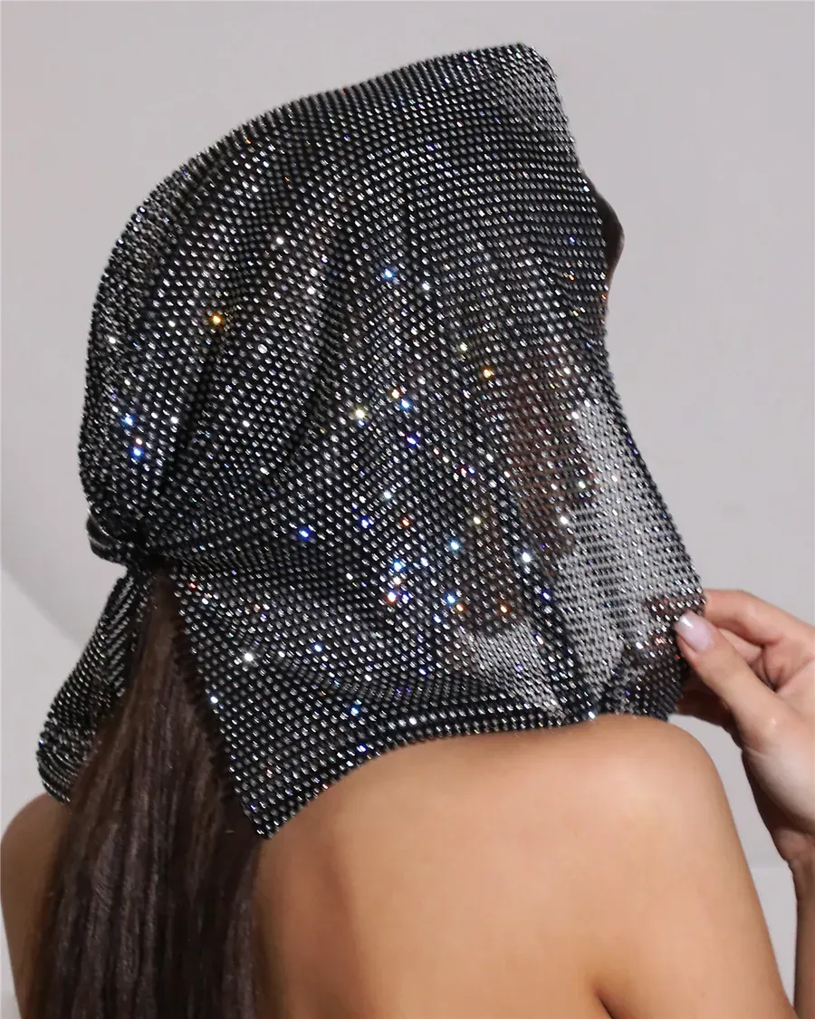 Black Rhinestone Mesh Hood Scarf for Parties and Photos