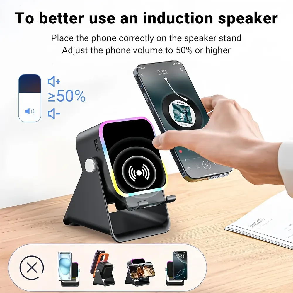 5-in-1 Wireless Induction Speaker Phone Stand with RGB Light