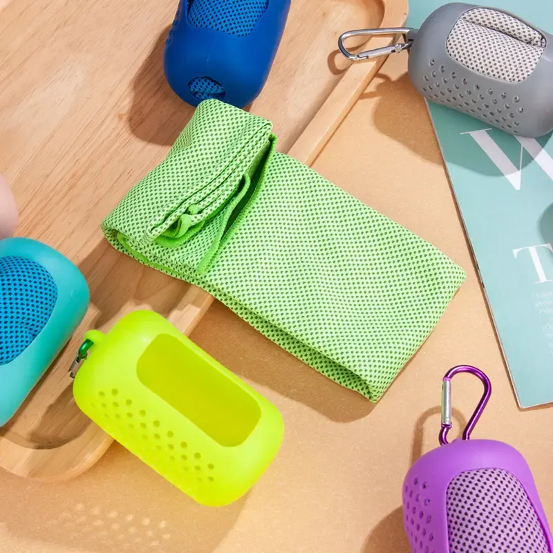 Instant Cooling Towel for Gym & Outdoor Sports, Ice Silk Cold Feeling Sweat Towel with Portable Silicone Case for Heat Relief in Ghana - Perfect for Running, Yoga, Football.