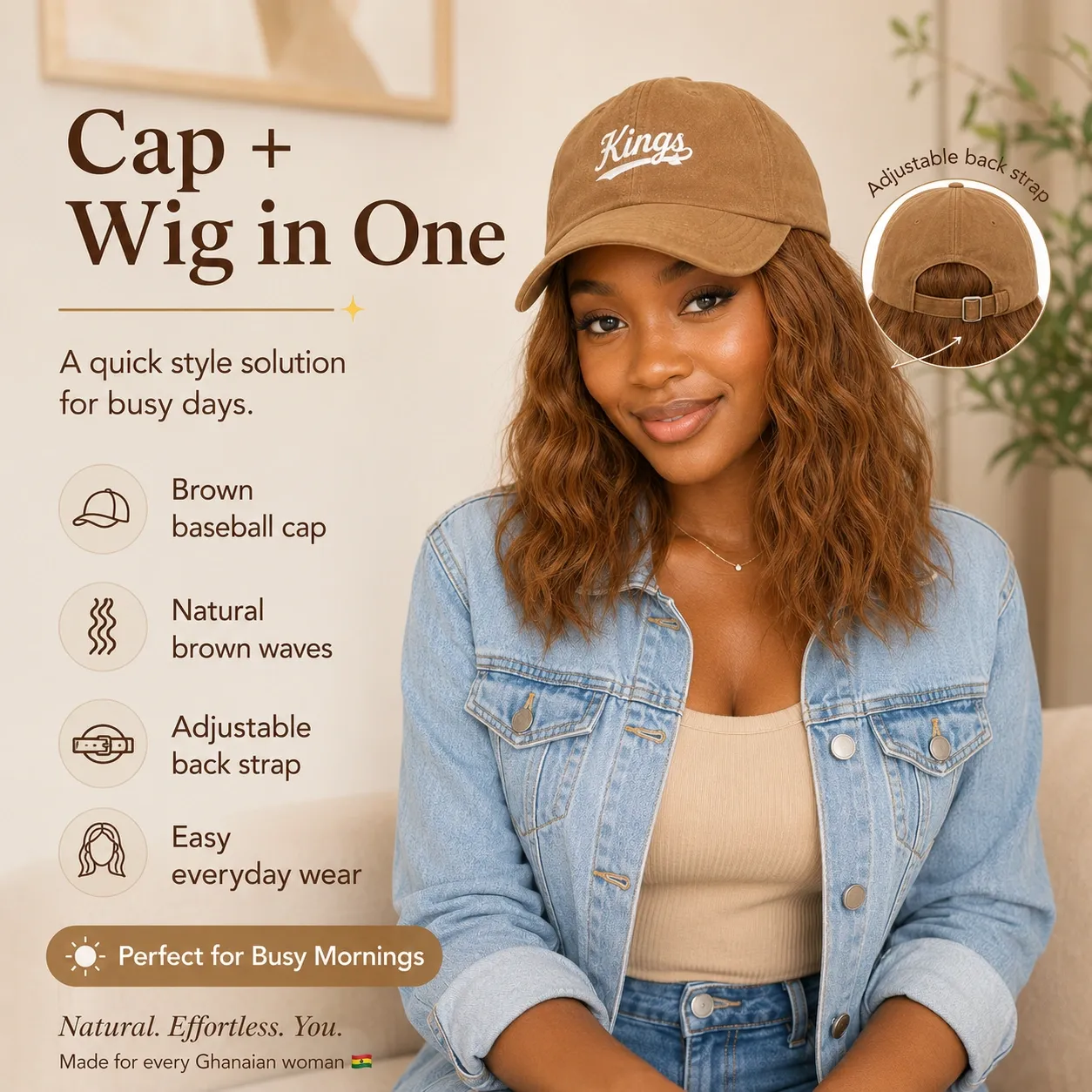 Last Day OFF🔥🚀2-in-1 Baseball Cap Wig for Women - 8 Inch Short Wavy Brown Bob Synthetic Hair Extension - Adjustable & Natural Looking Hat Wig Ghana | In stock