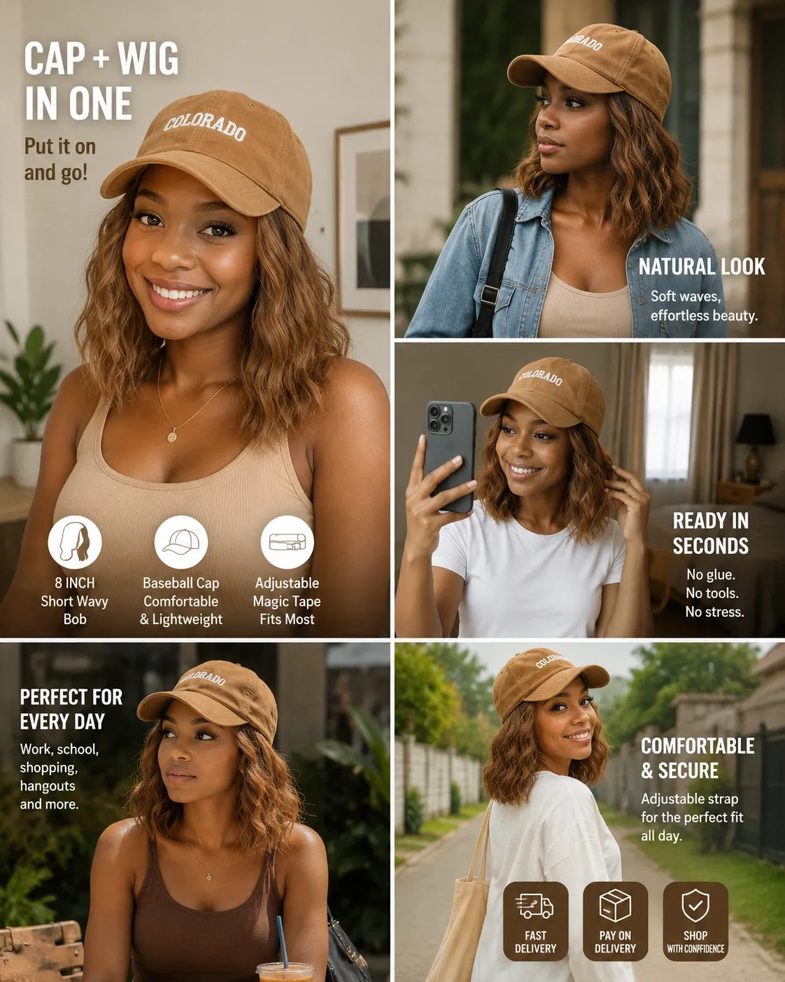 Last Day OFF🔥🚀2-in-1 Baseball Cap Wig for Women - 8 Inch Short Wavy Brown Bob Synthetic Hair Extension - Adjustable & Natural Looking Hat Wig Ghana | In stock