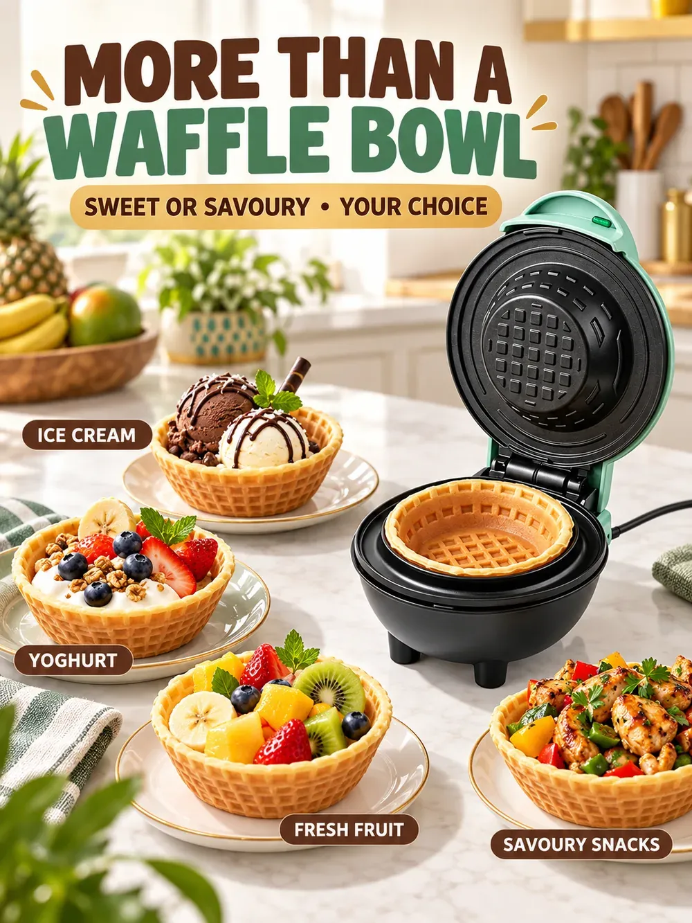 Green Mini Waffle Bowl Maker for Breakfast & Desserts in Ghana