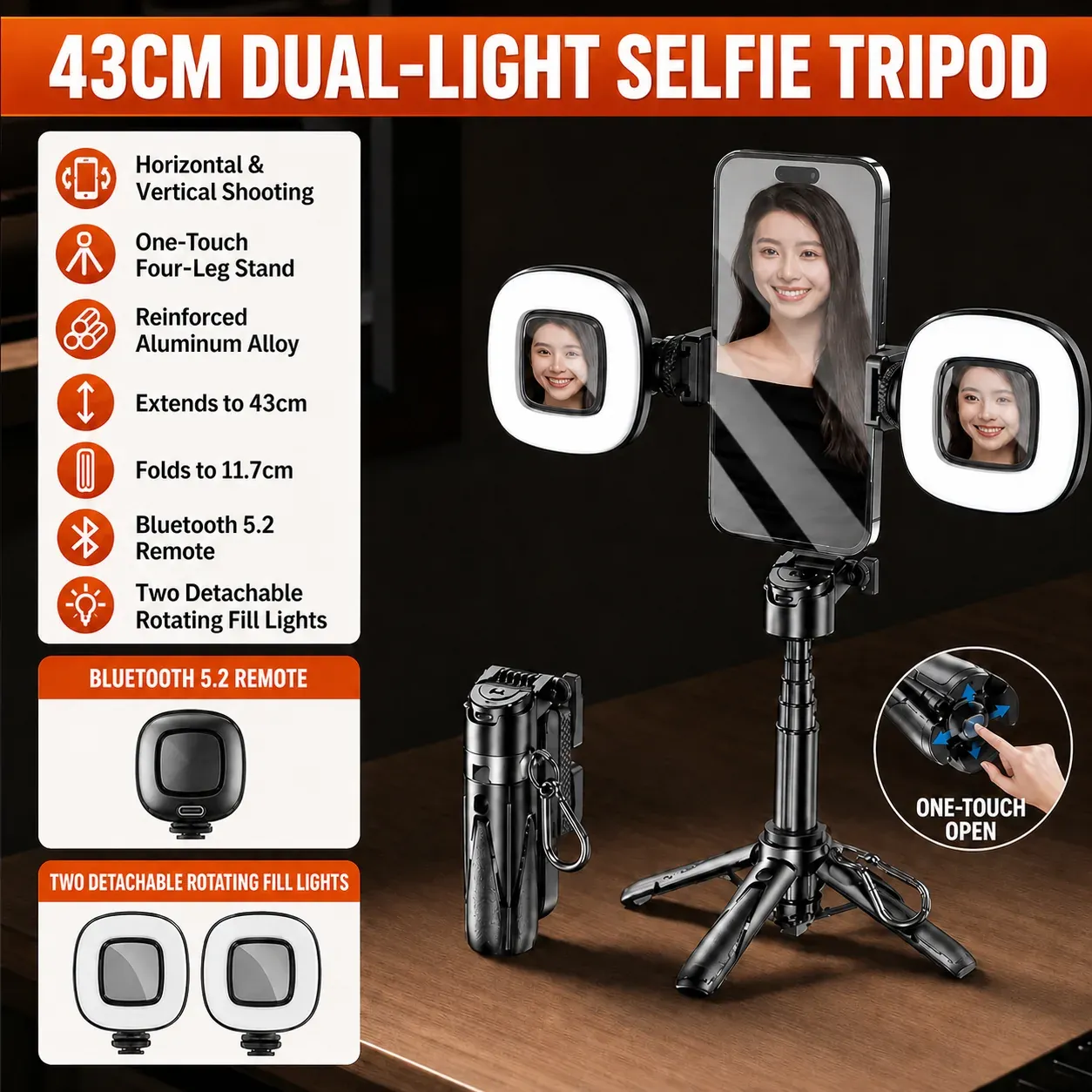 Ultra-Mini Selfie Stick Tripod with Fill Light & Remote – Portable 4-Axis Stable Smartphone Quadripod for TikTok & Vlogging