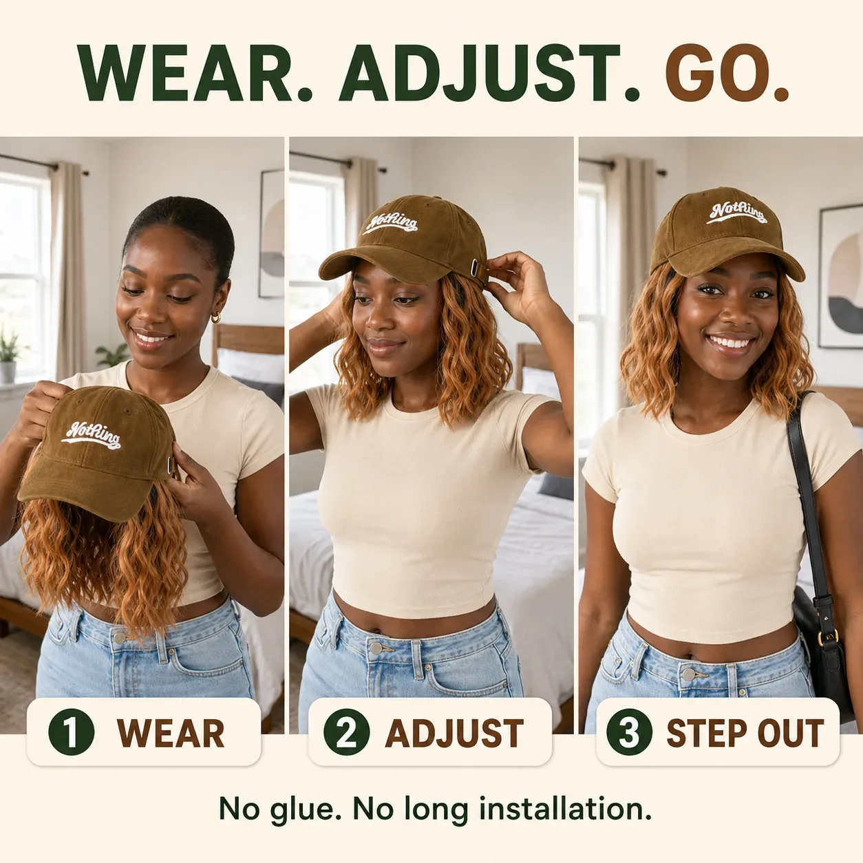 Last Day OFF🔥🚀2-in-1 Brown Baseball Cap Wig - 8 Inch Wavy Bob