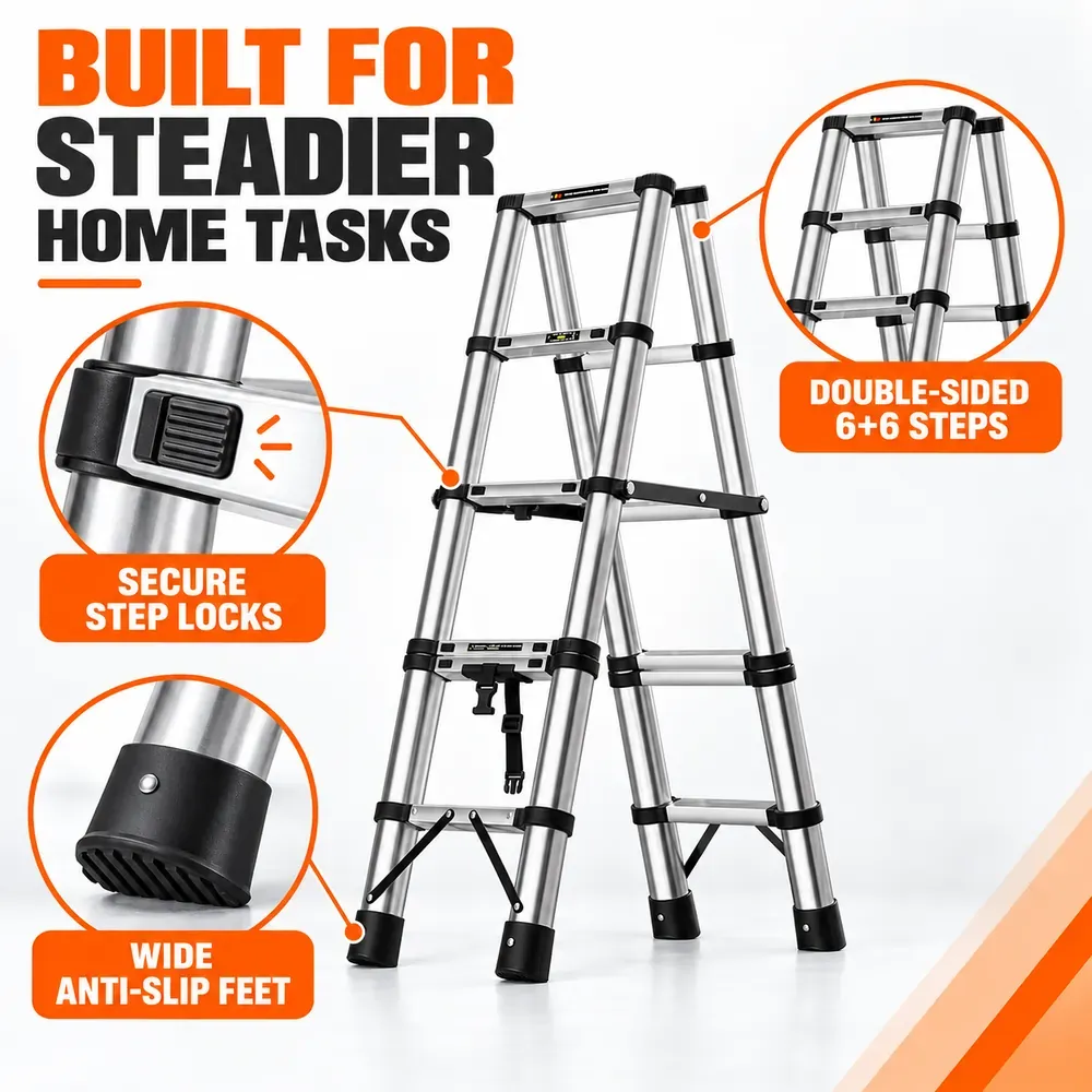 2.2M Stainless Steel Telescopic A-Frame Ladder - 6+6 Steps