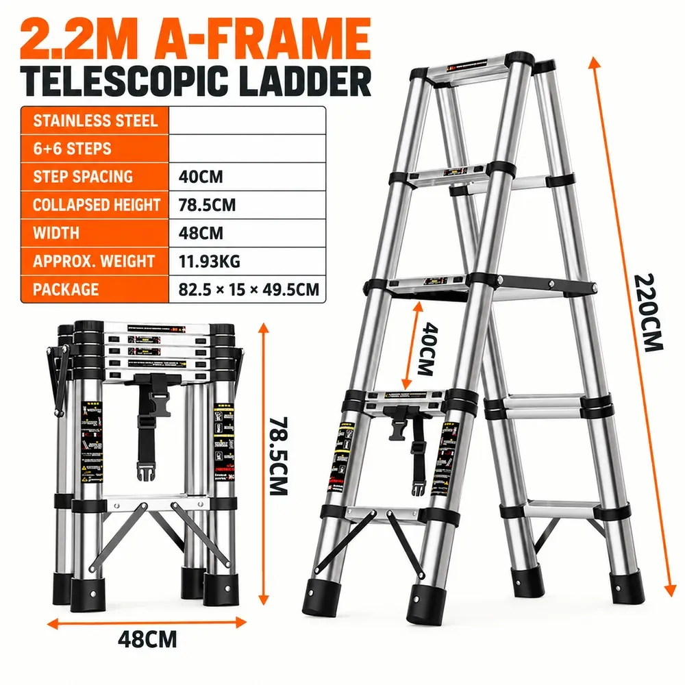 2.2M Stainless Steel Telescopic A-Frame Ladder - 6+6 Steps