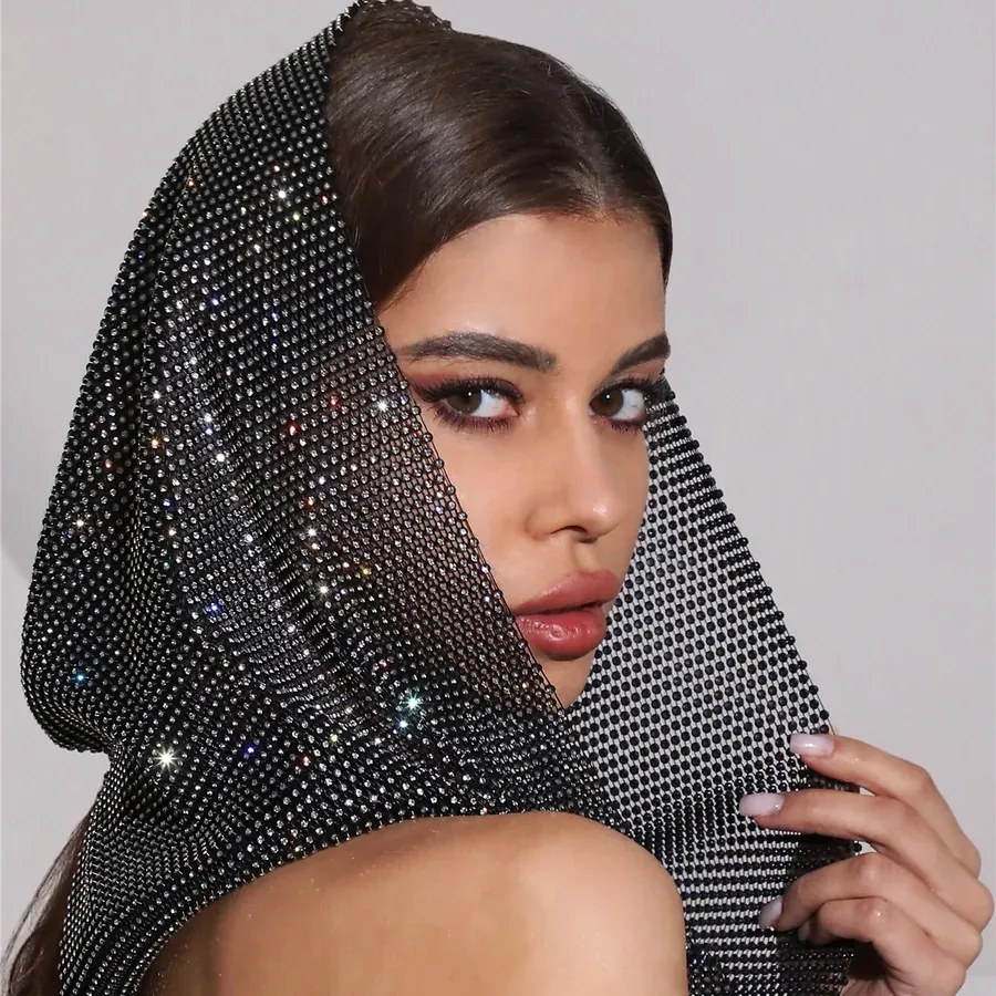 Black Rhinestone Mesh Hood Scarf for Parties and Photos
