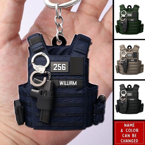 Personalized Police Bulletproof Vest Keychain - Custom Name & Number Acrylic Tactical