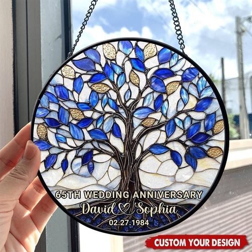 Personalized Tree of Life Stained Glass Suncatcher - Custom Names, Anniversary Years & Date Window Hanging Ornament, Unique Wedding Anniversary Gift for Couples, Parents