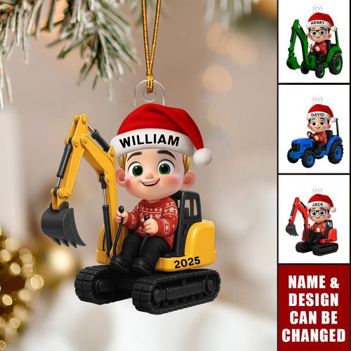 3D-Effekt kleiner Junge mit Auto Bagger Bagger Traktor Weihnachten personalisierte Acryl Ornament