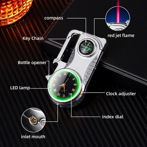 Multi-functional outdoor lighter, windproof red flame, refillable lighter, with compass, clock, and key chain.