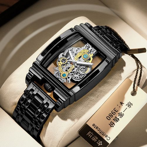 Stylish Barrel-Shaped Motorcycle Gear-Inspired Skeleton Tourbillon Watch with Genuine Leather Strap for Men Water-Resistant with Luminous Features