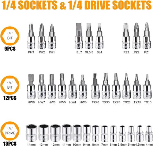 46-Pieces 1*4 Inch Drive Socket Ratchet Wrench Set Metric Bit Socket Extension Bar Hand Tools Case Pack Auto Repair Garden Use