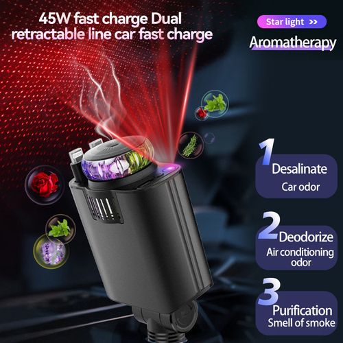 New 5-in-1 Car Charger with Retractable Cable Smart Aromatherapy Perfume Diffuser Starlight Roof Design Super-Fast Charging Car Charger