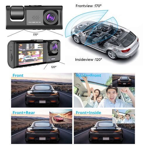 High-definition 1080P 2-inch screen dash cam with three lenses displaying simultaneously, reverse camera, mobile phone WiFi, and car DVR.