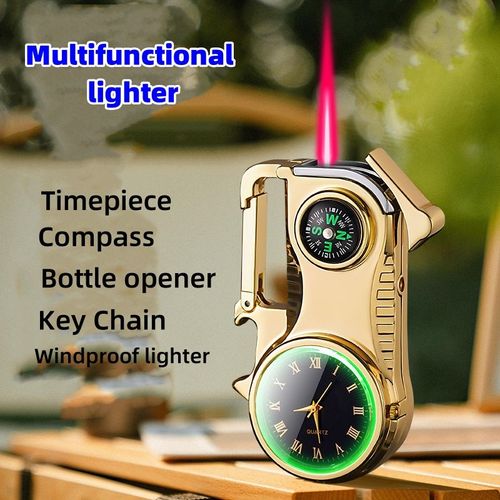 Multi-functional outdoor lighter, windproof red flame, refillable lighter, with compass, clock, and key chain.