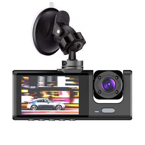 High-definition 1080P 2-inch screen dash cam with three lenses displaying simultaneously, reverse camera, mobile phone WiFi, and car DVR.