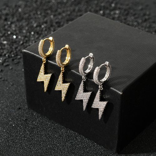 Duyizhao Hip Hop 18k Gold Plated Cubic Zirconia Lightning Earrings Hiphop Men and Women Ice Town Hoop Earrings