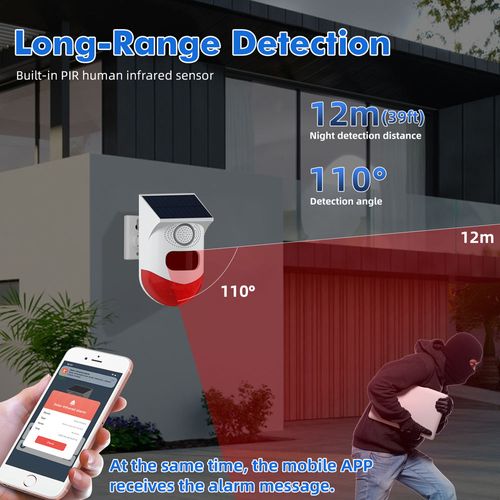 Smart Home Security SystemSolar Burglar AlarmWireless PIR DetectorSiren120dB dB Strobe LightMotion Sensor Alarms