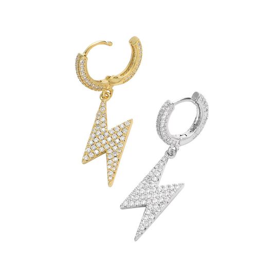 Duyizhao Hip Hop 18k Gold Plated Cubic Zirconia Lightning Earrings Hiphop Men and Women Ice Town Hoop Earrings
