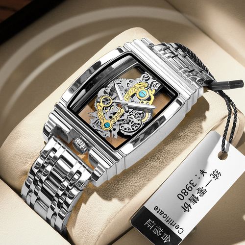 Stylish Barrel-Shaped Motorcycle Gear-Inspired Skeleton Tourbillon Watch with Genuine Leather Strap for Men Water-Resistant with Luminous Features
