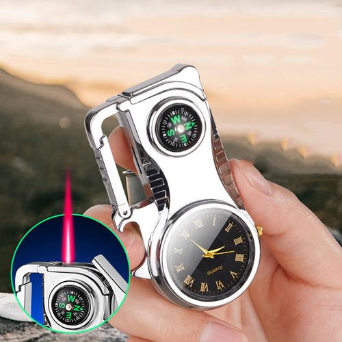 Multi-functional outdoor lighter, windproof red flame, refillable lighter, with compass, clock, and key chain.